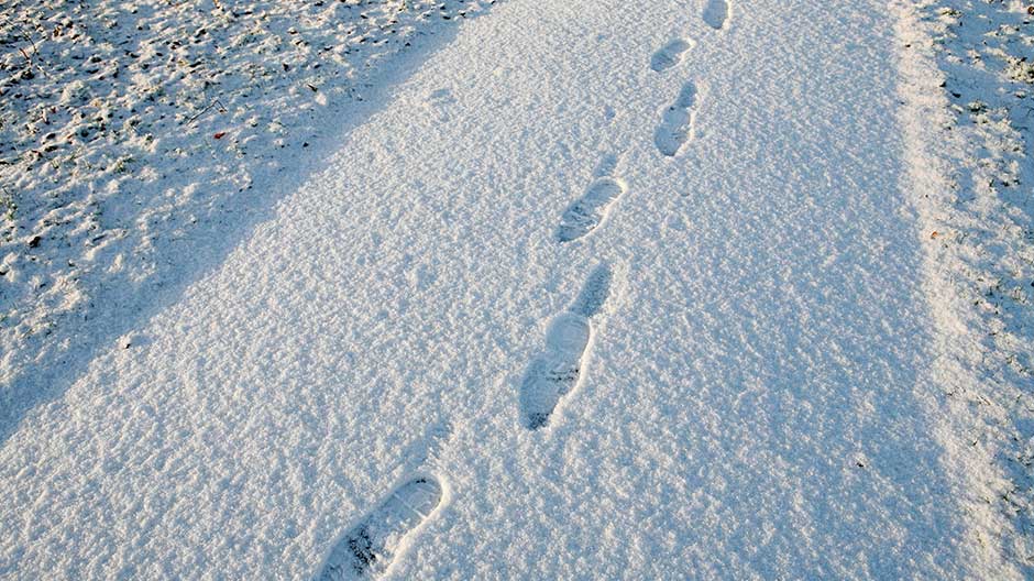 Footprints are seen on a snow covered path in a park in Knutsford, northern England, January 5, 2009.