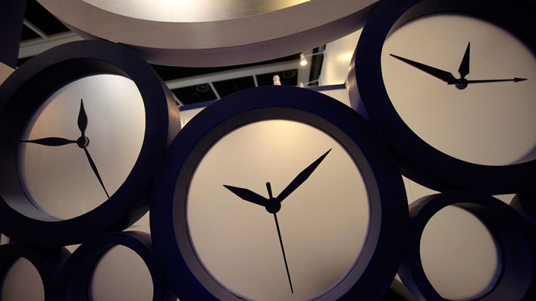 Clocks are seen at a booth at the Hong Kong Watch and Clock Fair 2010 in Hong Kong September 6, 2010.